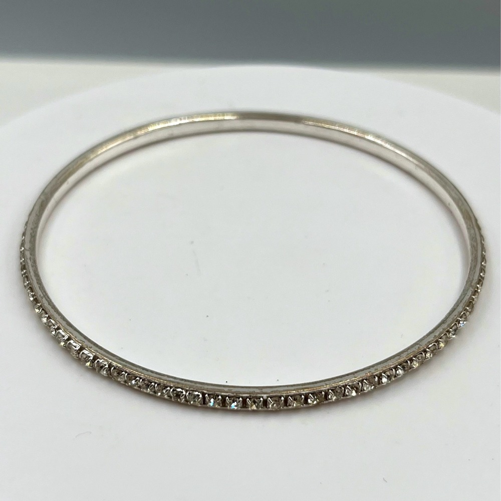 Vintage Slim Silver Tone Rhinestone Bangle Bracelet‎ – Stackable Crystal Accent